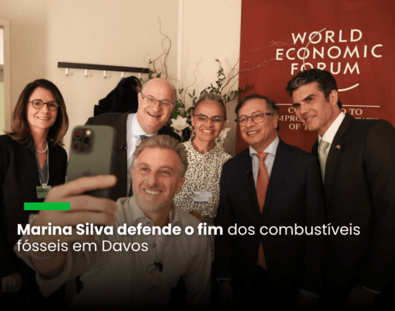 A ministra Marina Silva, com o presidente da Colômbia, Gustavo Petro e o governador do Pará, Helder Barbalho, em seu lado direito. À esquerda, o presidente do Banco Interamericano de Desenvolvimento, Ilan Goldfajn, e a secretária nacional de Mudança do Clima do MMA, Ana Toni. Em frente, o apresentador Luciano Huck, moderador do painel. Foto: MMA