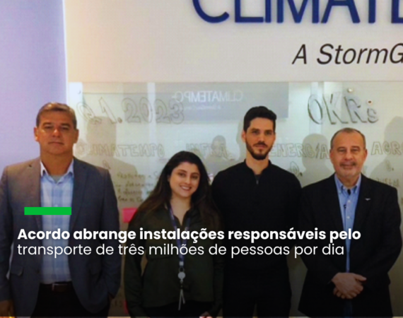 Sandro Brandt, gerente de crises da CCR, Jéssica Mendes, meteorologista e executiva de contas da Climatempo, Thiago Aires, meteorologista e coordenador da Climatempo, Miguel Day, diretor de crises da CCR e Hernando Barbosa da Silva, do comitê de crise/gestão corporativa da CCR. Divulgação